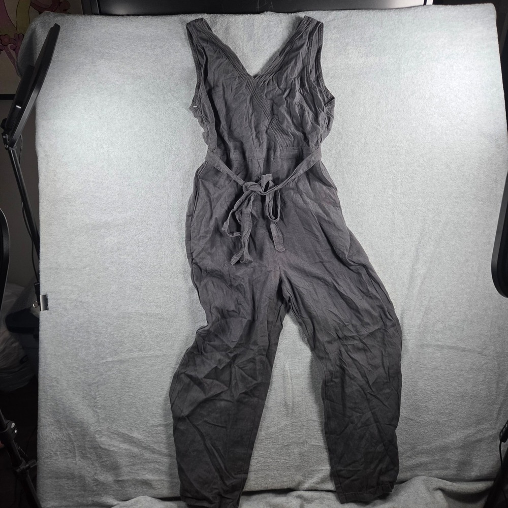 KUHL Jumpsuit Women Small Charcoal Gray Linen Blend Surplice Tie Waist Casual